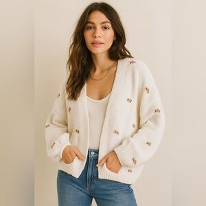 NWT Fanm Mon Winter Bloom Pink Rose Wool Woven Cardigan Sweater